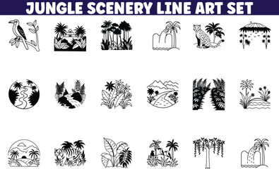 Jungle Scenery Line Art Set Tropical Animals, Plants, and Landscapes