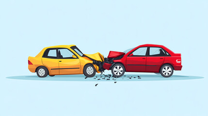 Fototapeta premium Car Crash Accident Scene: Depicts a head-on collision between a yellow car and a red car, showcasing the aftermath of the accident.
