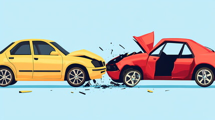 Collision of two cars: A dynamic composition illustrating a head-on collision between a yellow car and a red car, the force of the impact shattering glass and damaging metal.