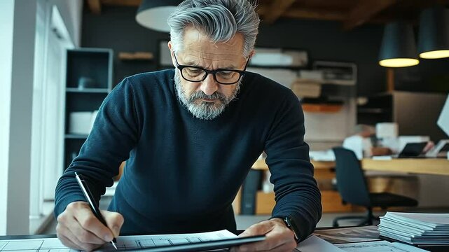 A focused shot of an architect analyzing floor plans on a digital tablet, with a drafting table in the background.