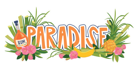 Vector sticker. Cruise vacation on a tropical island. Composition with a bottle of rum, pineapple, banana and flowers. Emblem for a paradise vacation. Illustration for a beach bar menu. Summer party.