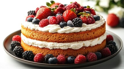 Delicious two-layer berry cake, studio shot, white background