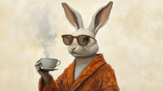 A dapper hare in a velvety burnt orange bathrobe, holding a steaming cup of herbal tea. The hare's large ears perk up slightly as it peers through fashionable tinted glasses. The background is a neu