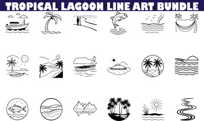 Tropical Lagoon Line Art Bundle Beach, Ocean, Palm Trees, Boats, Fish