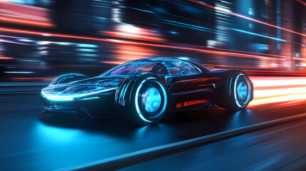 Neon Speed: A futuristic sports car races through a cityscape at high speed, illuminated by vibrant neon lights, a symbol of modern technology and advanced transport. 