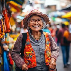 Obraz premium Smiling elderly woman in vibrant attire at local market in Ecuador, showcasing colorful crafts and textiles