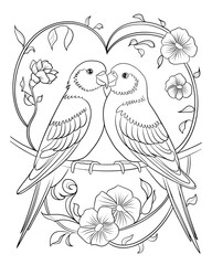 Obraz premium Loving Parrots: A delicate illustration of two parrots perched, embracing within a heart-shaped frame, surrounded by elegant floral embellishments, symbolizing love and affection.