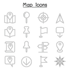 Map icon set in thin line style
