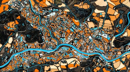 Abstract Colorful Map Depicting Urban Landscape With River Flowing Through Town