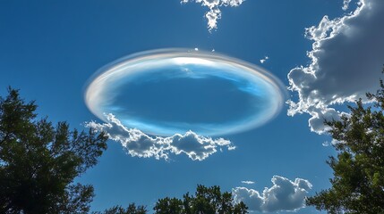 A breathtaking view of an unknown planet appearing in the daytime sky, partially obscured by clouds 
