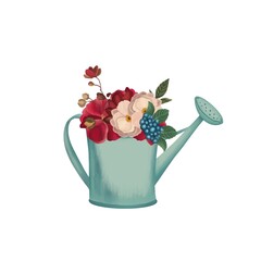 Decorative element. Watering can with flowers in vintage style