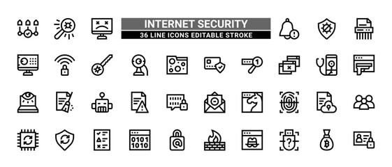 36 Internet Security Line Icons Set Pack Editable Stroke Vector Illustration.