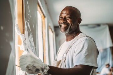 Fototapeta premium Portrait of a middle aged African American male plastering painter in the living room