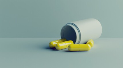 Spilled Yellow Capsules from a White Container on a Light Grey Surface