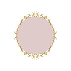 Vintage wreath in gold colors with pink circle inside. Invitation template, announcement 
