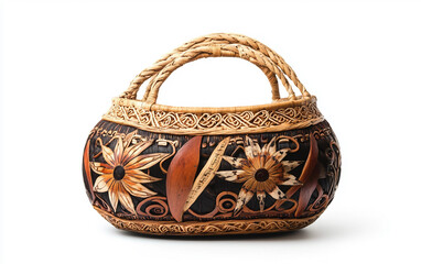 A Culturally Rich Maori Kete Basket Adorned with Matariki-Inspired Artwork Isolated on transparent background. Isolated on transparent background.