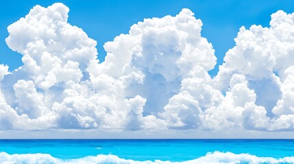 Naklejka premium Bright Blue Ocean and Fluffy White Clouds Under Clear Sky