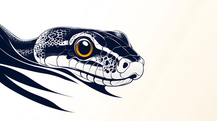 Naklejka premium A stylized illustration of a snake's head, featuring intricate patterns and a striking yellow eye, set against a light background