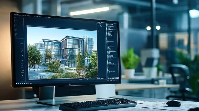 A professional architect marking up design plans on a drafting table, with a computer screen showing D building models.