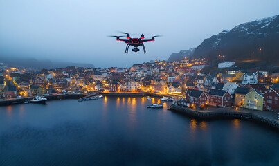 Fototapeta premium Drone filming coastal town at dusk