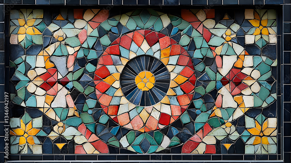 Poster a vibrant mosaic displaying intricate geometric patterns and colorful floral designs, showcasing art