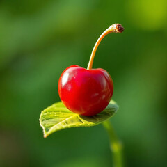 Single Red Cherry on Leaf