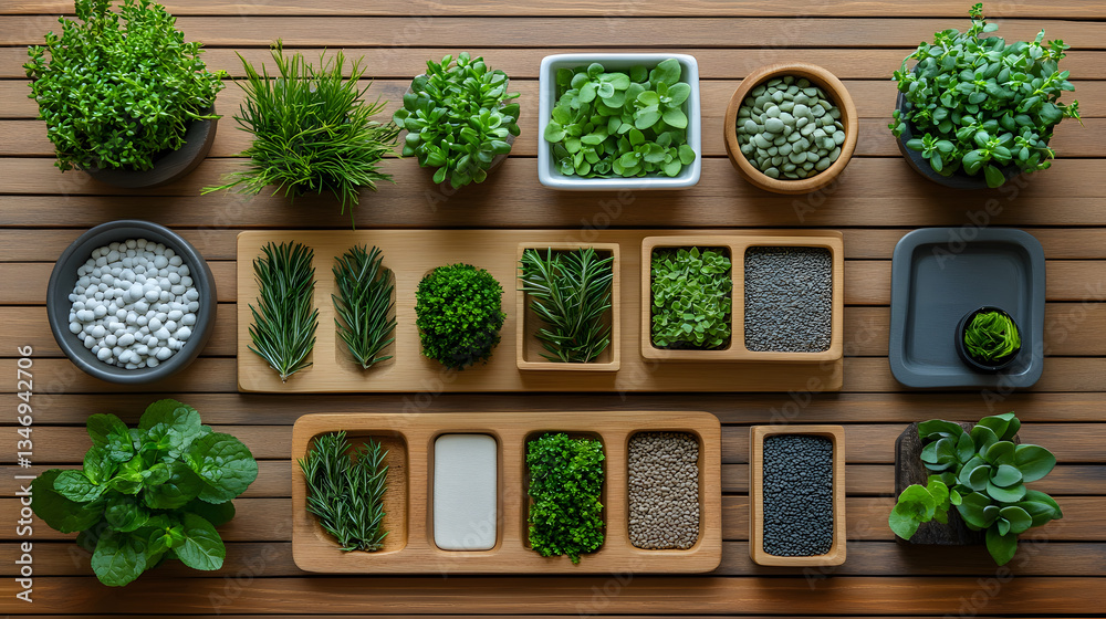 Poster a vibrant arrangement of various herbs and plants displayed on a wooden surface, showcasing greenery