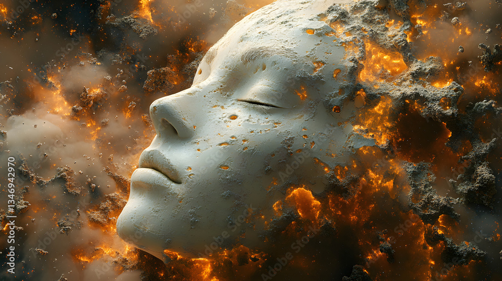 Poster a serene face emerges from an explosion of fiery textures, blending elements of beauty and chaos in 