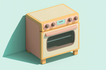 Obraz premium 3D render of a pastel pink electric stove with dual burners, control knobs, and glass oven door under warm lighting. A charming kitchen appliance model showcasing retro-inspired design and minimalist 