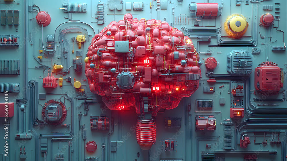 Aufkleber A futuristic depiction of a brain made of technology, featuring intricate circuits and glowing components, symbolizing the blend of human intelligence and artificial systems