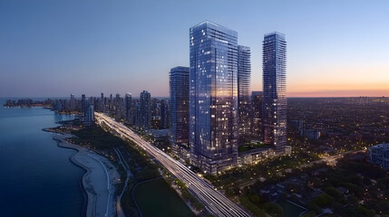 Fototapeta premium Cityscape twilight lakefront towers
