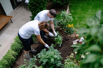 A family is happily gardening together in their backyard, planting vegetables with love and care, showcasing a wonderful bonding activity in a lush green environment.