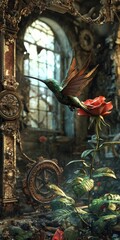 Obraz premium Hummingbird hovers near rose in clock ruins.