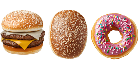 Three separate images of bread, a hamburger, and a doughnut on a transparent background