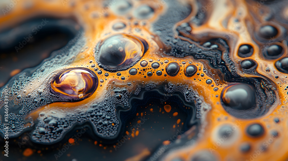 Poster a close-up image showcasing vibrant bubbles and swirling patterns in shades of orange and black, rem