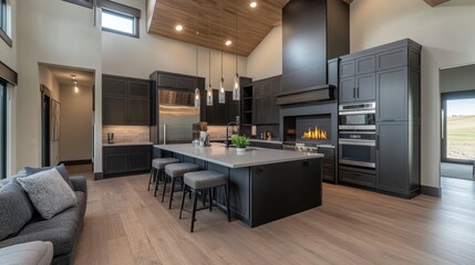Modern Farmhouse Kitchen with Fireplace and Island
