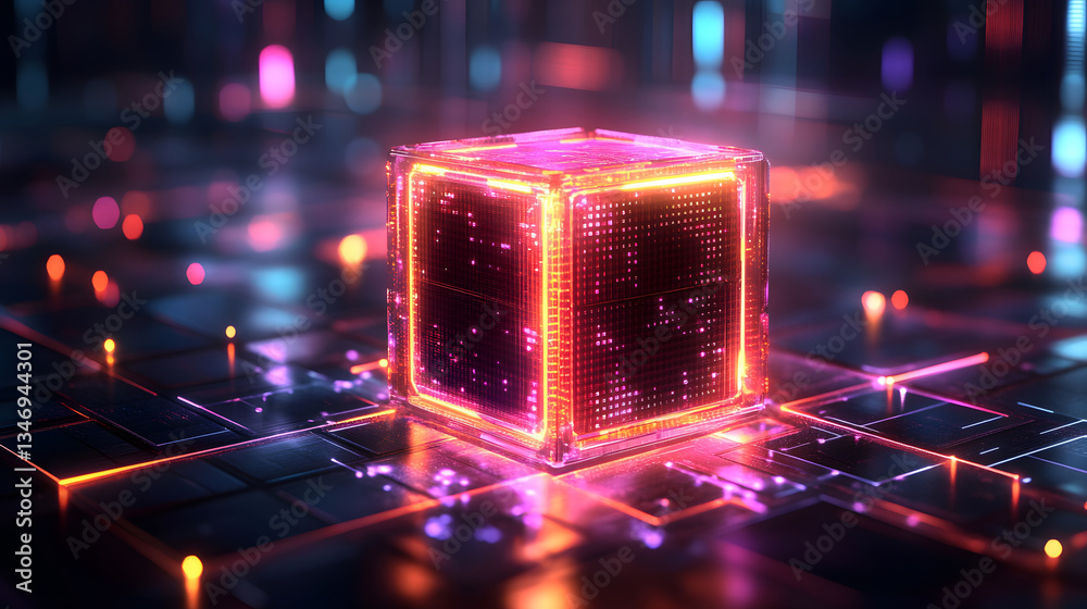 Poster a glowing, abstract cube on a digital grid, showcasing vibrant colors and futuristic technology in a