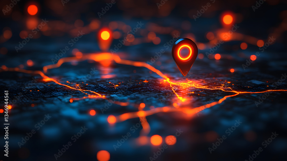 Poster A vibrant digital landscape featuring glowing map markers and intricate circuitry, representing navigation and location technology