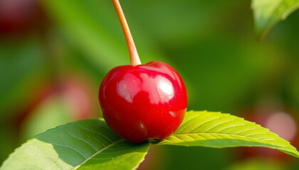 Single Red Cherry on Leaf