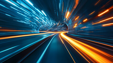 Obraz premium Neon Speed Tunnel: A mesmerizing display of speed and motion as a tunnel pulsates with neon streaks of blue and orange, creating a vibrant and futuristic perspective.
