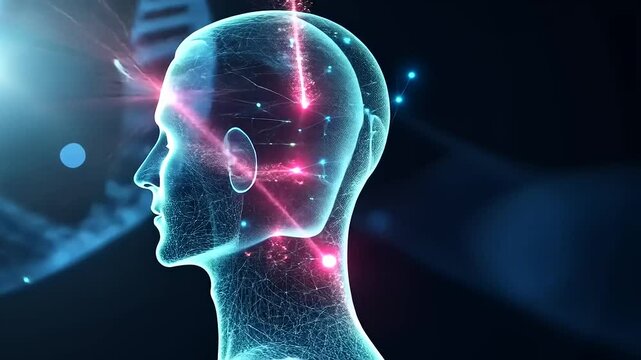 Digital Human Profile with DNA and Molecular Structures Background