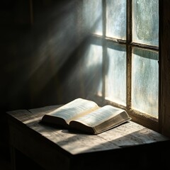 Open book bathed in sunlight near window.