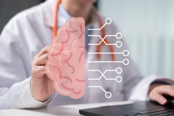 Doctor holding brain artificial intelligence technology help diagnosis disease treatment healthcare science research concept