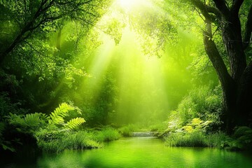 Obraz premium A serene forest scene with vibrant greenery, dappled sunlight streaming through the trees, and a tranquil river flowing through the lush landscape.
