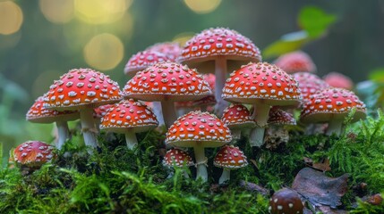 Enchanted Forest Cluster of Red and White Mushrooms Growing on Mossy Ground