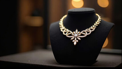 Elegant gold necklace adorned with sparkling gemstones displayed on black velvet stand, creating luxurious ambiance