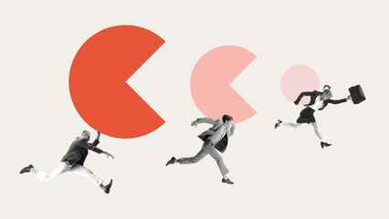 Competitive market. Business people running from larger corporate entities, symbolizing market competition, strategic positioning, tactics. Concept of corporate rivalry, market dynamics, acquisition.