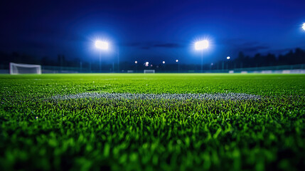 Nighttime football stadium with glowing lights on the green field, wide-angle ground view, dramatic atmosphere.