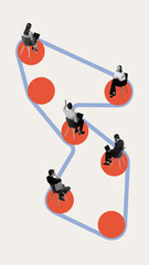 .Remote collaboration. Team working from connected locations, symbolizing digital communication,...