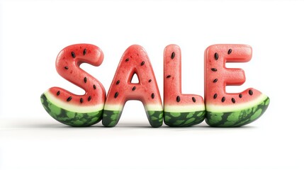3D rendering of the word “SALE” made from watermelon slices, promoting summer sales, refreshing vibes, and seasonal promotions on a white backdrop
